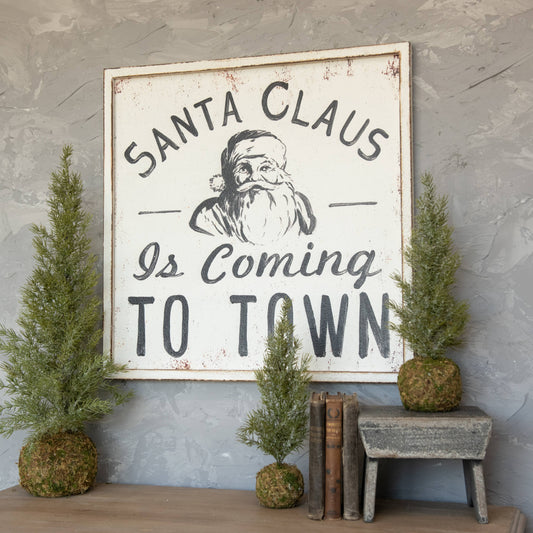 Panneau « Santa Claus is Coming to Town » en noir et blanc