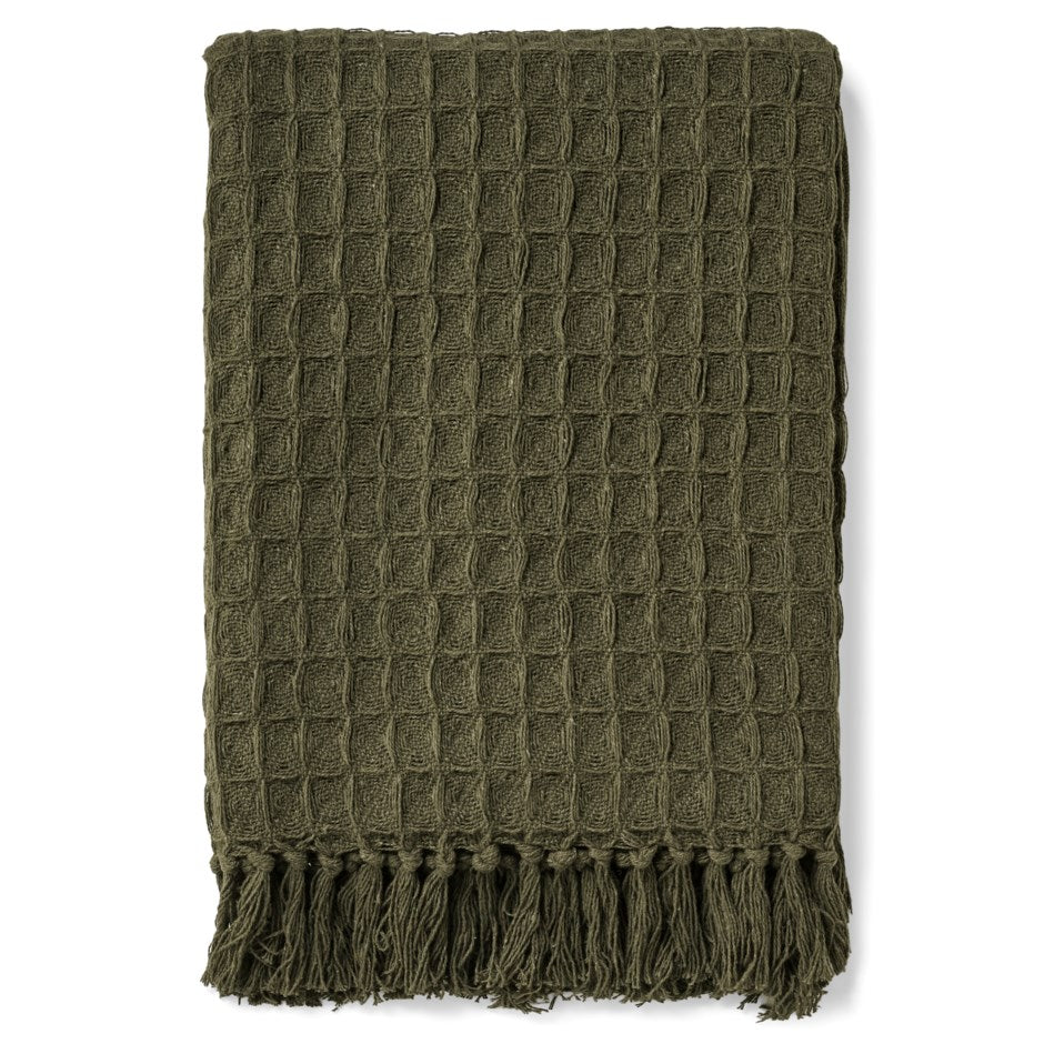 Jeté en coton gaufré vert olive