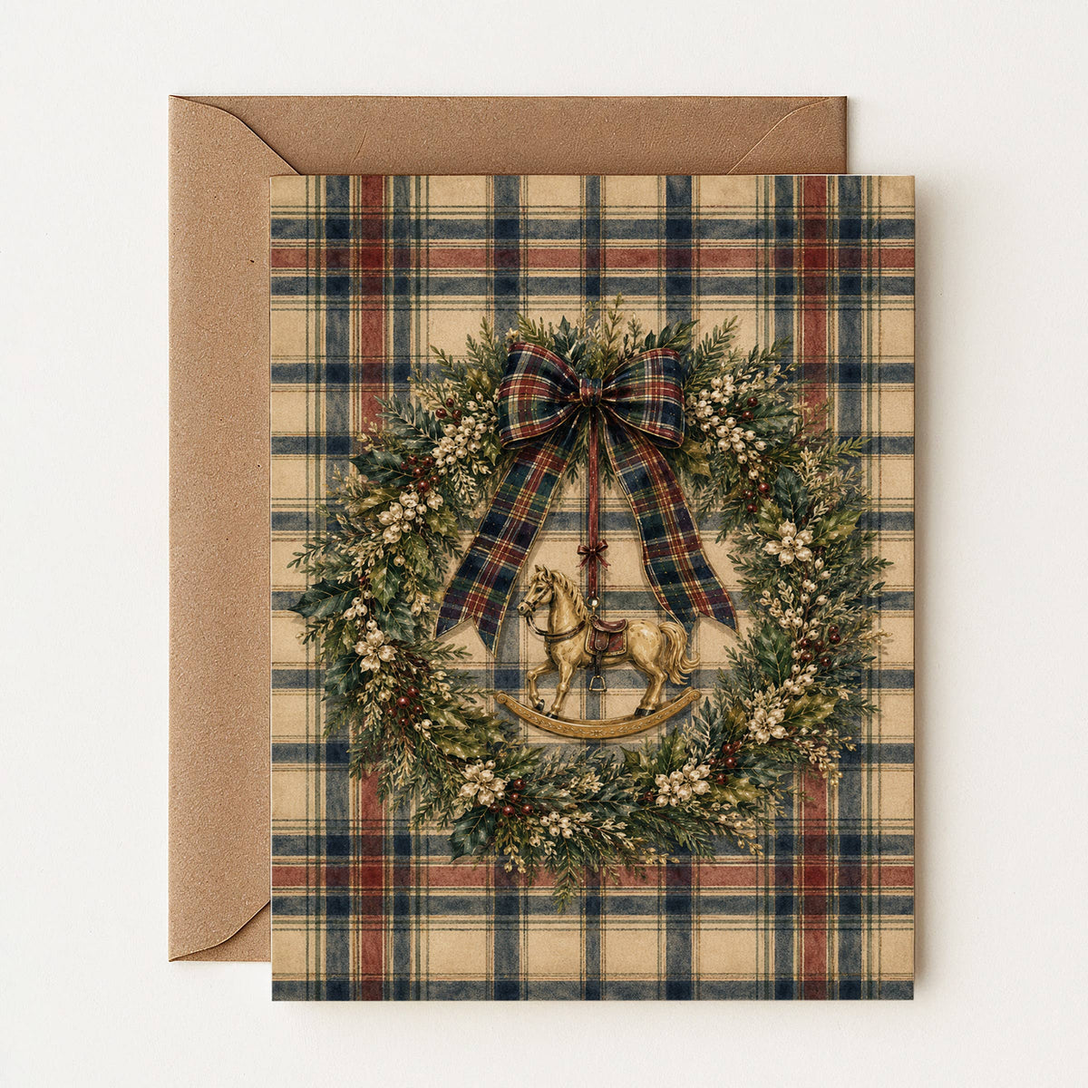 Une carte de Noël avec un cheval à bascule