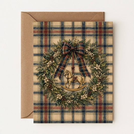Une carte de Noël avec un cheval à bascule